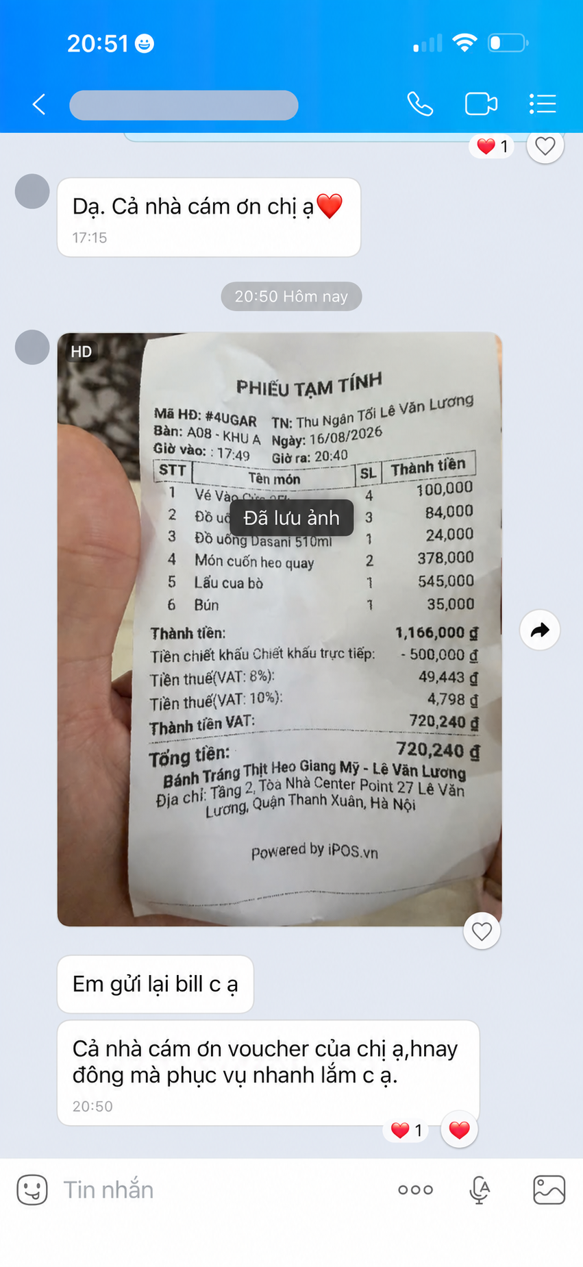 Ảnh chụp đã ẩn danh: khách cảm ơn voucher và khen quán phục vụ nhanh